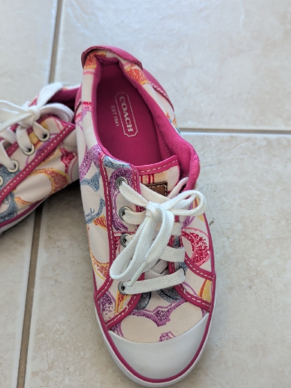 Coach Pink Multicolor Signature Lace-Up Sneakers Barrett Poppy Size 7 Women's - Picture 2 of 12